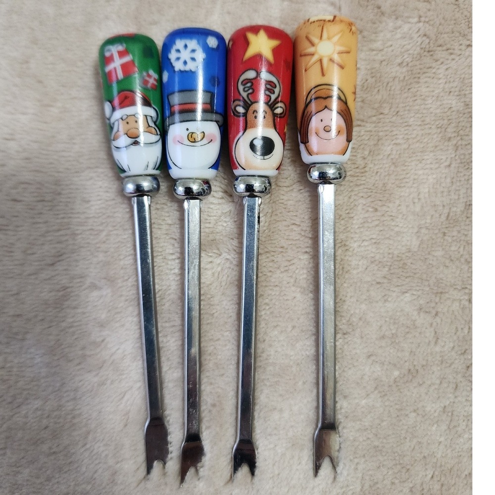 Christmas NOEL Appetizer Forks Set of 4 Santa Snowman Reindeer Ceramic Handles